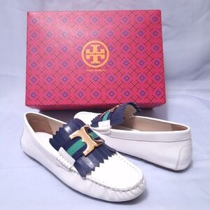 Tory Burch Gemini Link Driver Leather Loafers White Navy Fringe Shoes Sz 6 NIB